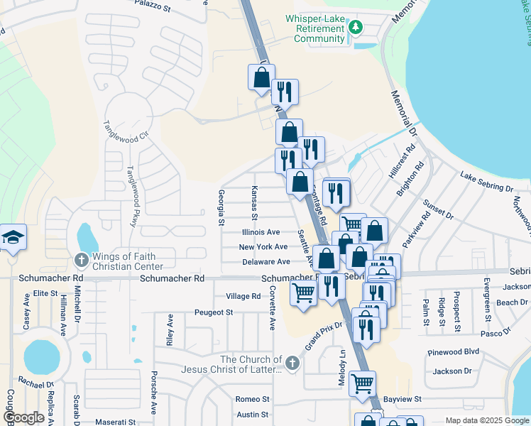 map of restaurants, bars, coffee shops, grocery stores, and more near 3422 Michigan Avenue in Sebring