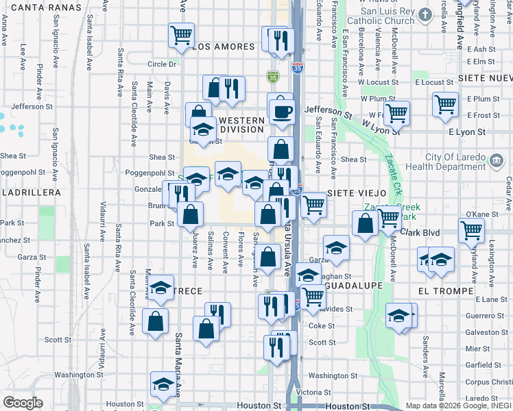 map of restaurants, bars, coffee shops, grocery stores, and more near 2002 San Bernardo Avenue in Laredo
