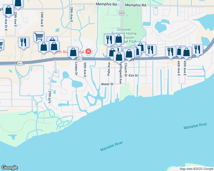 map of restaurants, bars, coffee shops, grocery stores, and more near 608 Palm Avenue in Ellenton