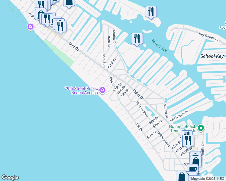 map of restaurants, bars, coffee shops, grocery stores, and more near 105 77th Street in Holmes Beach