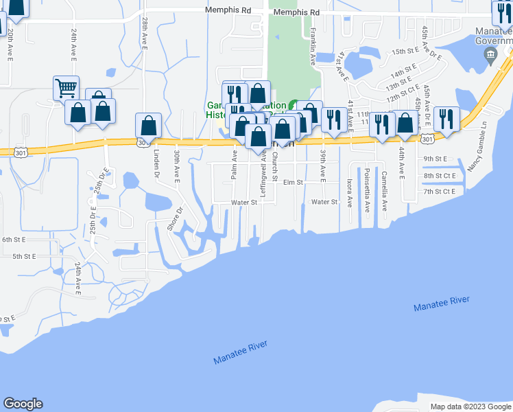 map of restaurants, bars, coffee shops, grocery stores, and more near 623 Leffingwell Avenue in Ellenton