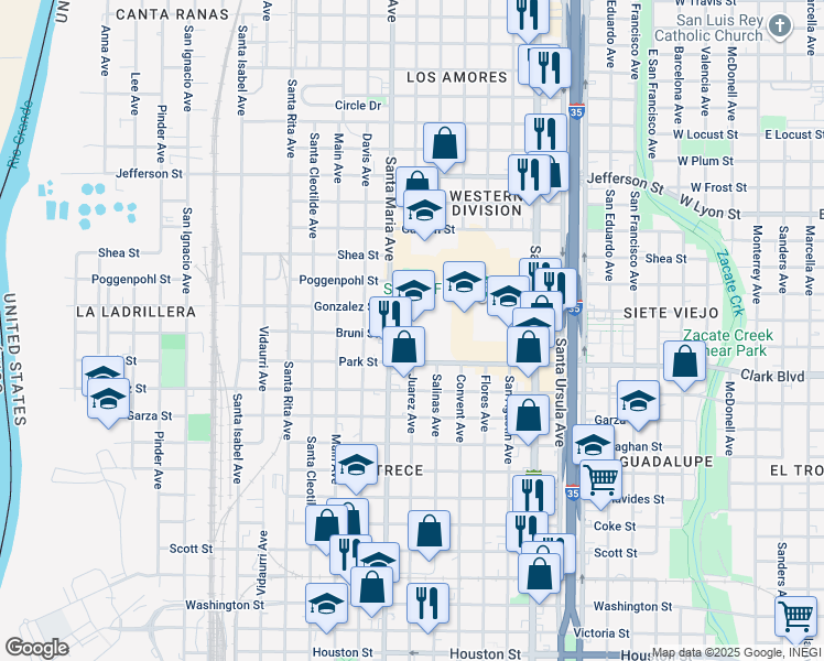 map of restaurants, bars, coffee shops, grocery stores, and more near 2001 Santa Maria Avenue in Laredo