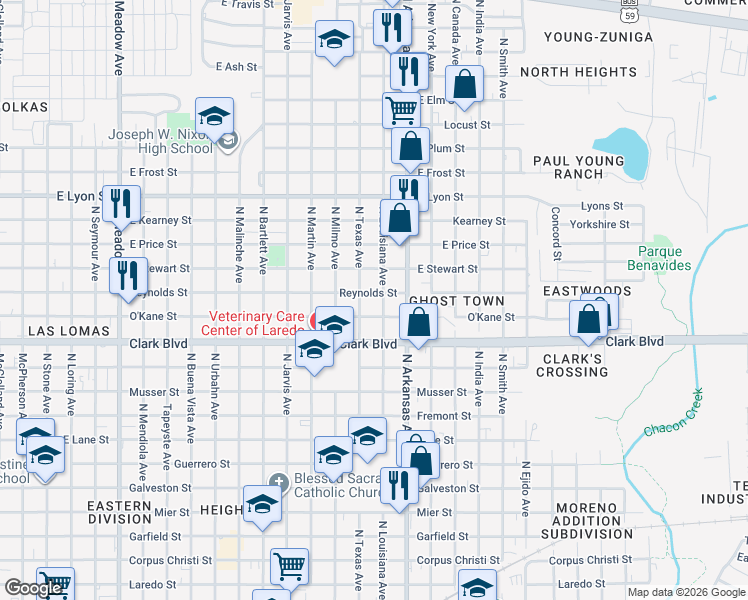 map of restaurants, bars, coffee shops, grocery stores, and more near 2604 Reynolds St in Laredo