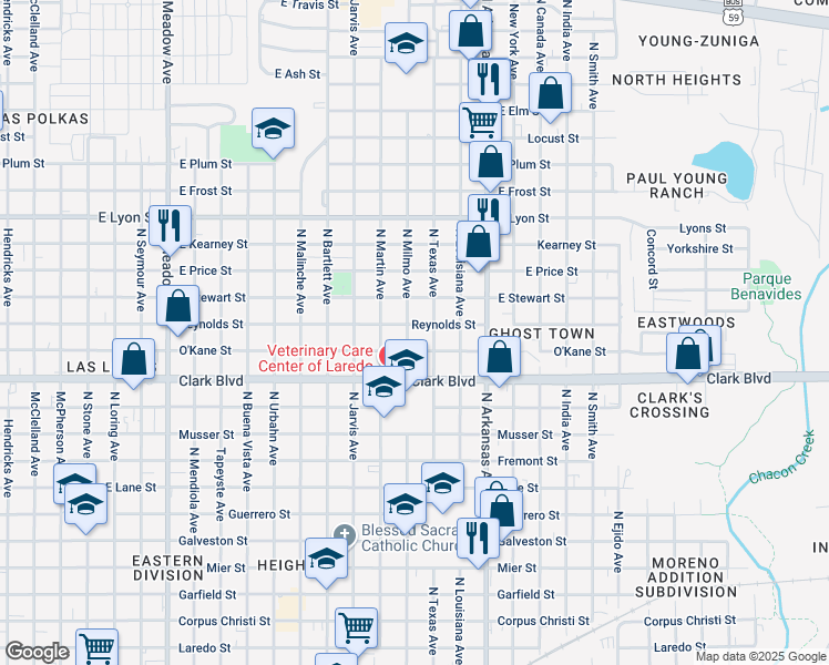 map of restaurants, bars, coffee shops, grocery stores, and more near 2502 Reynolds Street in Laredo