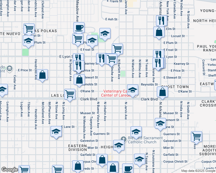 map of restaurants, bars, coffee shops, grocery stores, and more near 2018 Reynolds Street in Laredo