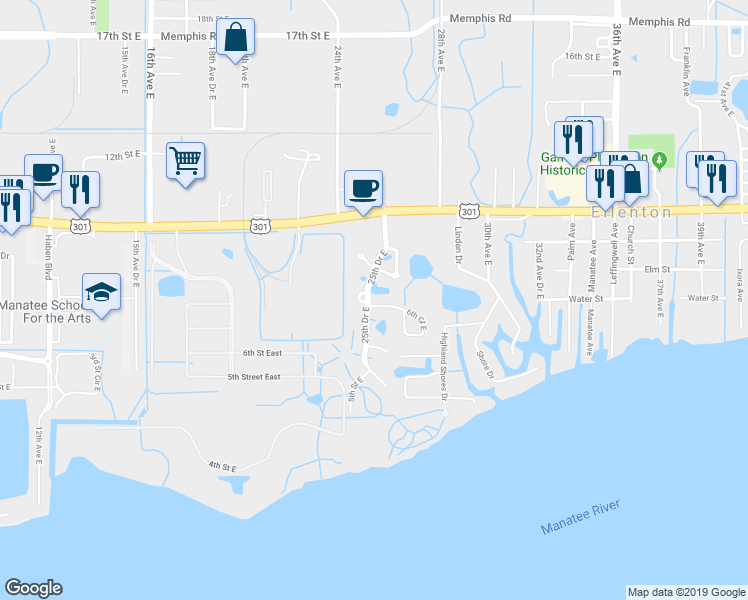 map of restaurants, bars, coffee shops, grocery stores, and more near 2504 6th Court East in Ellenton