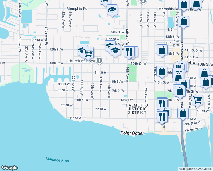 map of restaurants, bars, coffee shops, grocery stores, and more near 715 16th Avenue West in Palmetto