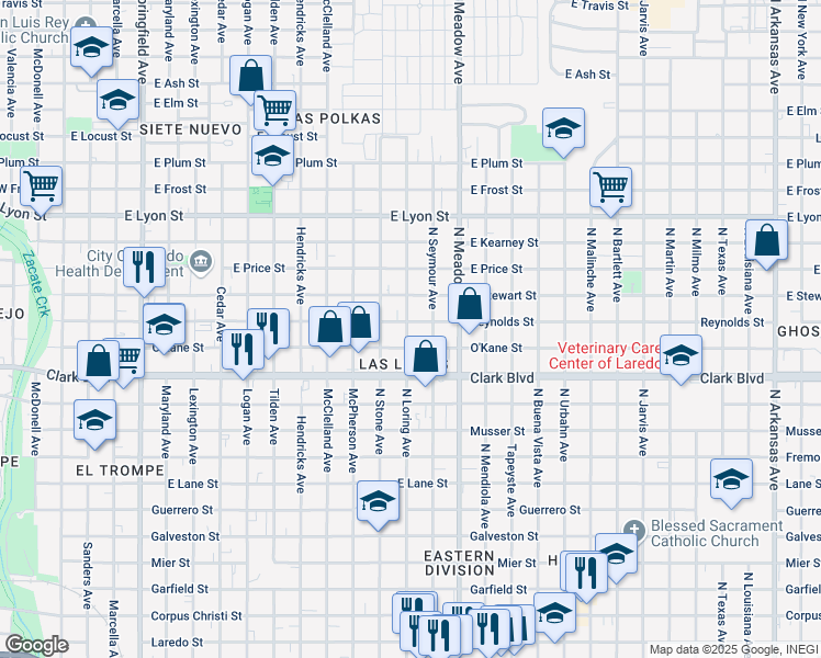 map of restaurants, bars, coffee shops, grocery stores, and more near 1306 Reynolds St in Laredo