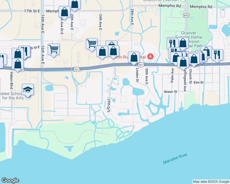 map of restaurants, bars, coffee shops, grocery stores, and more near 2512 6th Court East in Ellenton