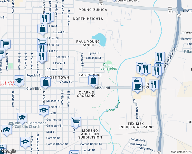 map of restaurants, bars, coffee shops, grocery stores, and more near 2422 Milford Court in Laredo