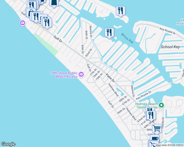 map of restaurants, bars, coffee shops, grocery stores, and more near 7800 Gulf Drive in Holmes Beach