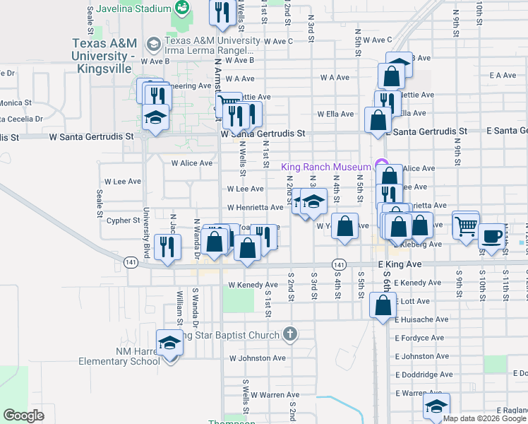 map of restaurants, bars, coffee shops, grocery stores, and more near 305 North 1st Street in Kingsville