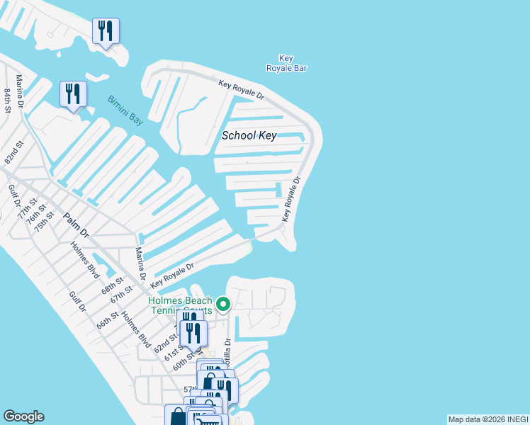map of restaurants, bars, coffee shops, grocery stores, and more near 607 Ambassador Lane in Bradenton Beach