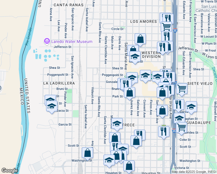 map of restaurants, bars, coffee shops, grocery stores, and more near 2117 Santa Cleotilde Avenue in Laredo