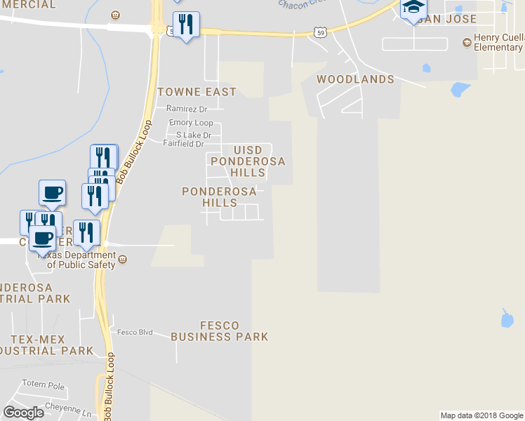 map of restaurants, bars, coffee shops, grocery stores, and more near 2995 Rains Drive in Laredo