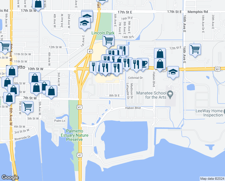 map of restaurants, bars, coffee shops, grocery stores, and more near 751 10th Street East in Palmetto