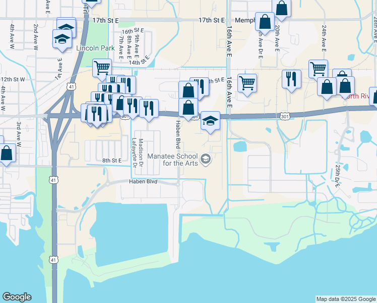 map of restaurants, bars, coffee shops, grocery stores, and more near 822 Haben Boulevard in Palmetto