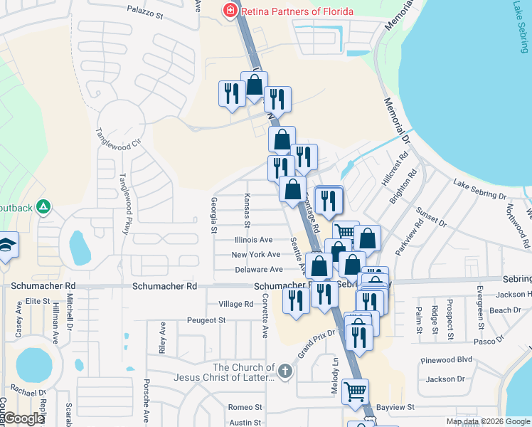 map of restaurants, bars, coffee shops, grocery stores, and more near 3329 Maine Avenue in Sebring
