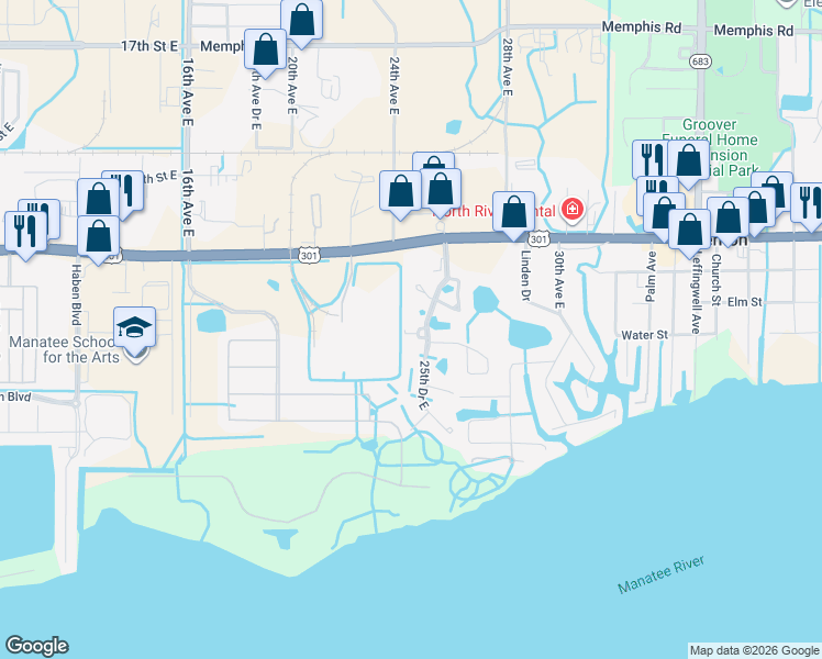 map of restaurants, bars, coffee shops, grocery stores, and more near 635 25th Drive East in Ellenton