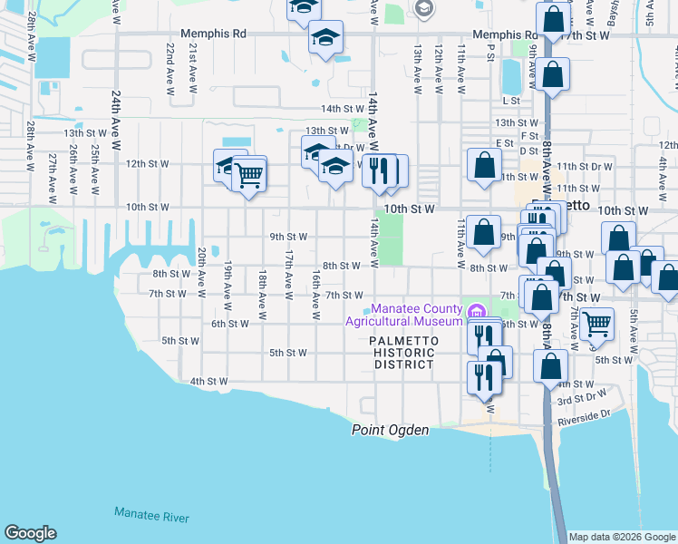 map of restaurants, bars, coffee shops, grocery stores, and more near 800 15th Avenue West in Palmetto