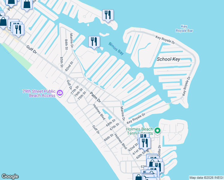 map of restaurants, bars, coffee shops, grocery stores, and more near 507 72nd Street in Holmes Beach