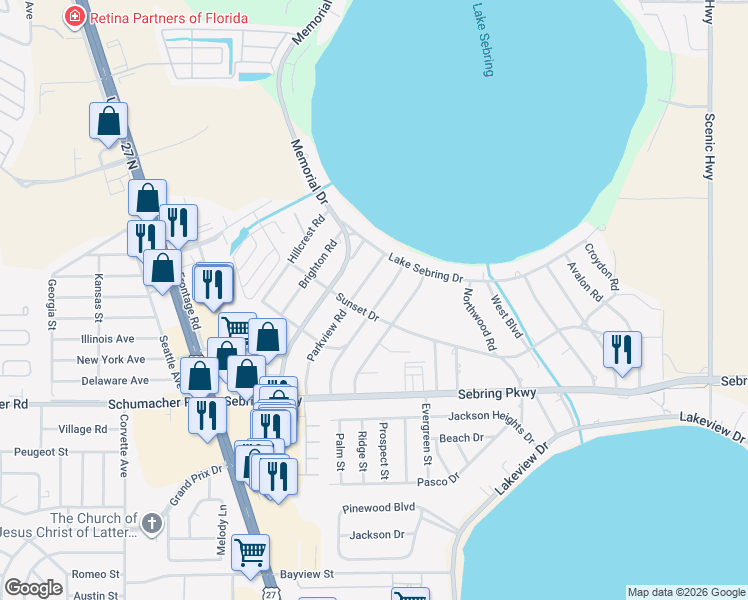 map of restaurants, bars, coffee shops, grocery stores, and more near 215 Spring Garden Road in Sebring
