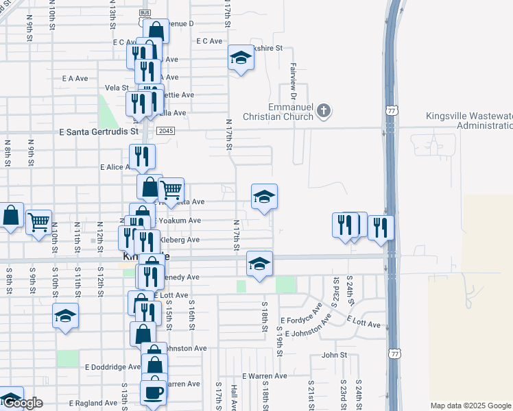 map of restaurants, bars, coffee shops, grocery stores, and more near 1321 East Henrietta Avenue in Kingsville