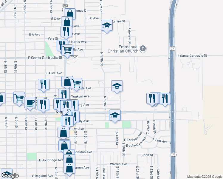 map of restaurants, bars, coffee shops, grocery stores, and more near 1321 East Henrietta Avenue in Kingsville