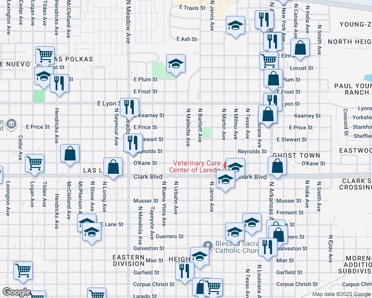 map of restaurants, bars, coffee shops, grocery stores, and more near 2018 Reynolds Street in Laredo