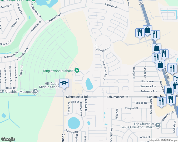 map of restaurants, bars, coffee shops, grocery stores, and more near 573-593 Wilderness Circle in Sebring