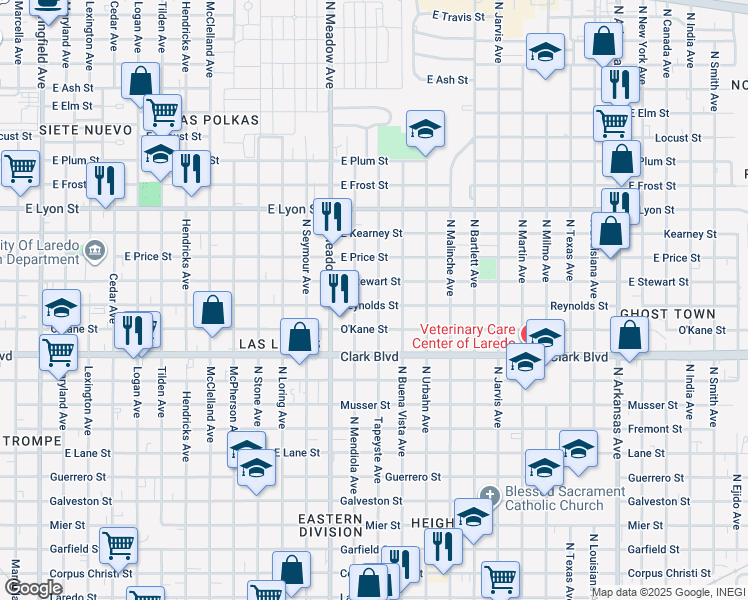 map of restaurants, bars, coffee shops, grocery stores, and more near 1720 Reynolds Street in Laredo