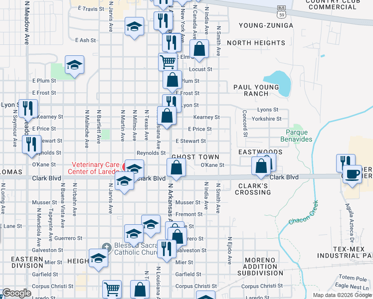 map of restaurants, bars, coffee shops, grocery stores, and more near 2511 North New York Avenue in Laredo