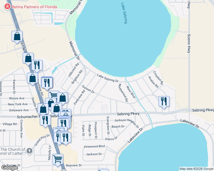 map of restaurants, bars, coffee shops, grocery stores, and more near 220 Longview Road in Sebring