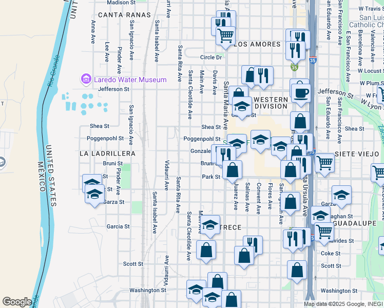 map of restaurants, bars, coffee shops, grocery stores, and more near 2117 Santa Cleotilde Avenue in Laredo