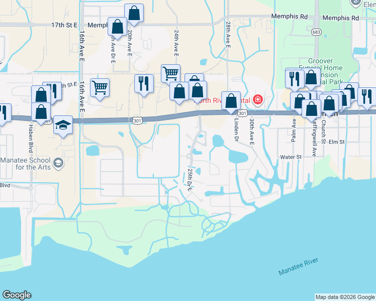 map of restaurants, bars, coffee shops, grocery stores, and more near 635 25th Drive East in Ellenton
