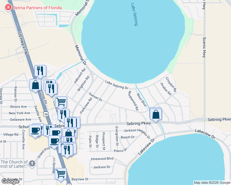 map of restaurants, bars, coffee shops, grocery stores, and more near 220 Longview Rd in Sebring