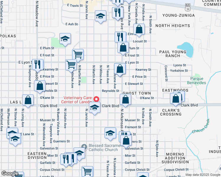 map of restaurants, bars, coffee shops, grocery stores, and more near 2604 Reynolds St in Laredo