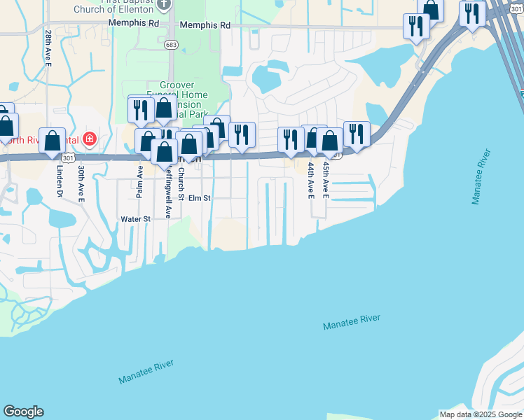 map of restaurants, bars, coffee shops, grocery stores, and more near 712 Ixora Avenue in Ellenton