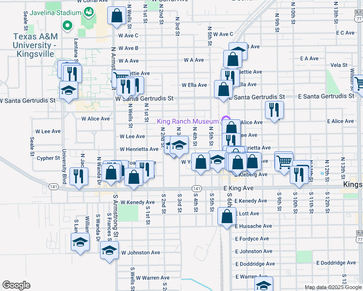 map of restaurants, bars, coffee shops, grocery stores, and more near 330 West Henrietta Avenue in Kingsville