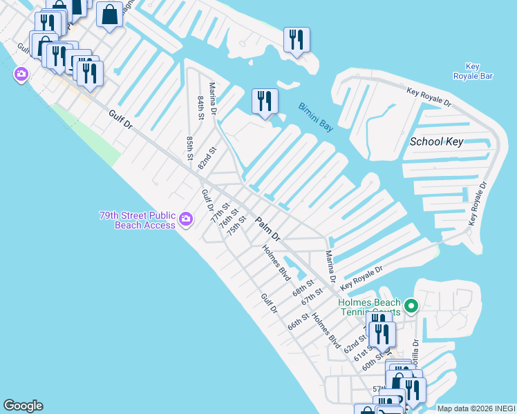 map of restaurants, bars, coffee shops, grocery stores, and more near 403 75th Street in Holmes Beach