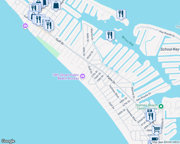 map of restaurants, bars, coffee shops, grocery stores, and more near 7800 Gulf Drive in Holmes Beach