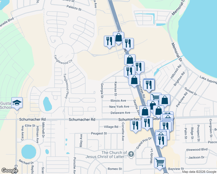 map of restaurants, bars, coffee shops, grocery stores, and more near 3534 Maine Avenue in Sebring