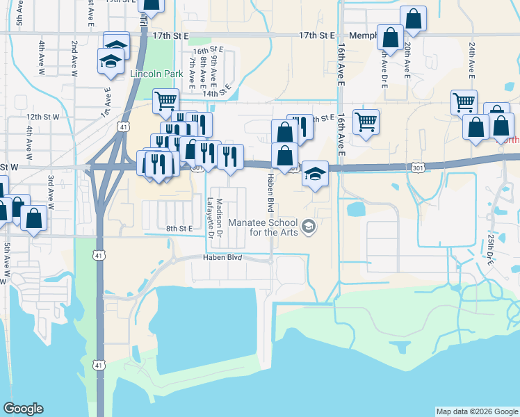 map of restaurants, bars, coffee shops, grocery stores, and more near 822 Haben Boulevard in Palmetto