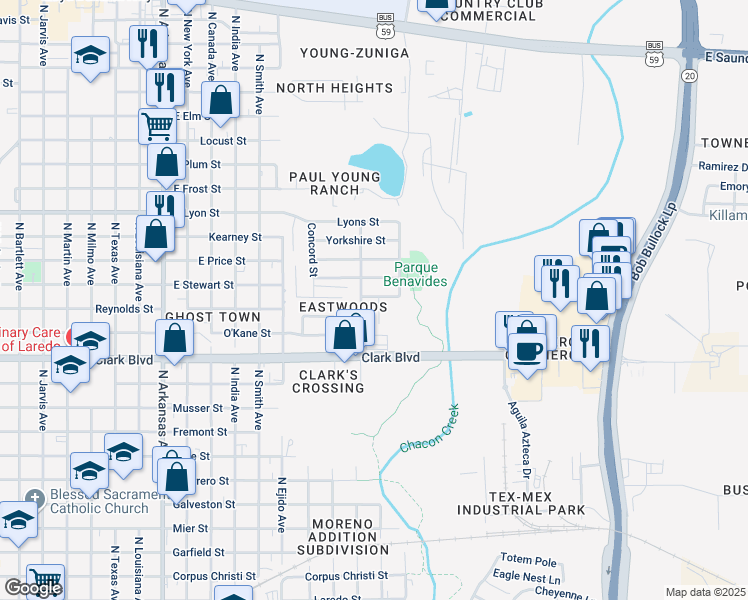 map of restaurants, bars, coffee shops, grocery stores, and more near 2422 Milford Court in Laredo