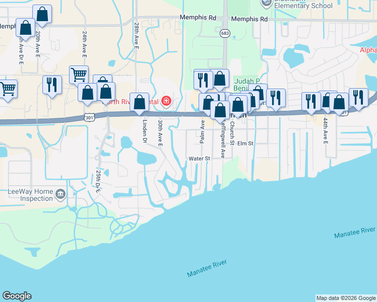 map of restaurants, bars, coffee shops, grocery stores, and more near 712 32nd Avenue Drive East in Ellenton