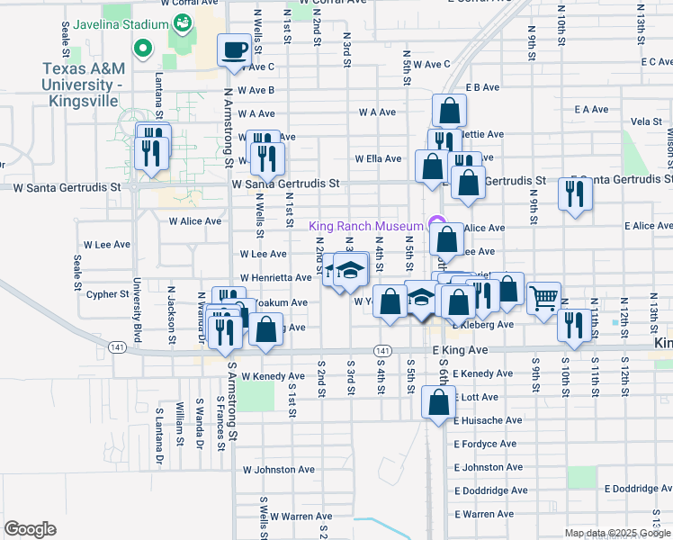 map of restaurants, bars, coffee shops, grocery stores, and more near 330 West Henrietta Avenue in Kingsville