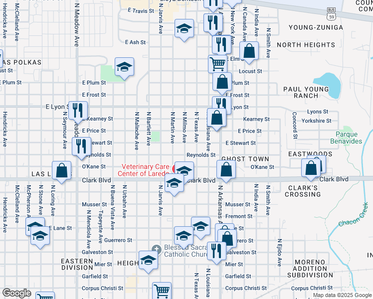 map of restaurants, bars, coffee shops, grocery stores, and more near 2502 Reynolds Street in Laredo
