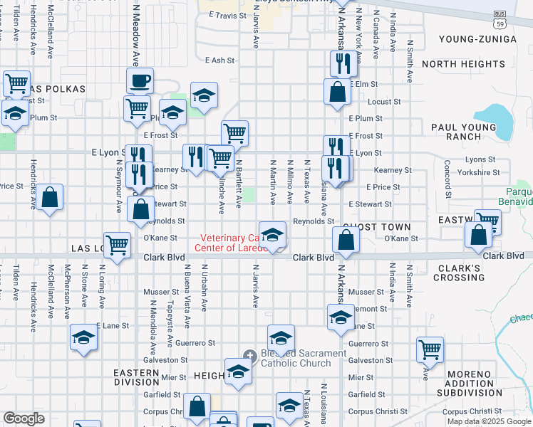 map of restaurants, bars, coffee shops, grocery stores, and more near 2318 Reynolds Street in Laredo