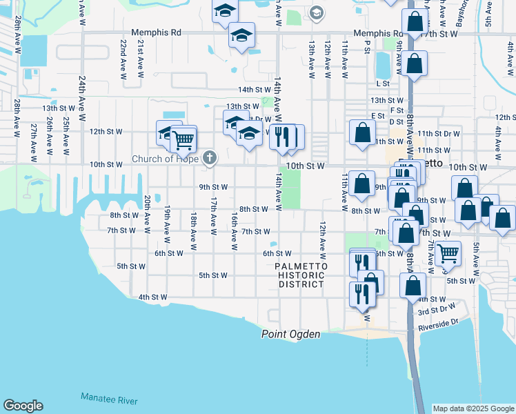 map of restaurants, bars, coffee shops, grocery stores, and more near 800 15th Avenue West in Palmetto