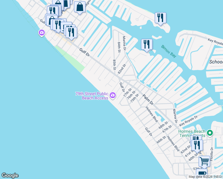 map of restaurants, bars, coffee shops, grocery stores, and more near 104 81st Street in Holmes Beach